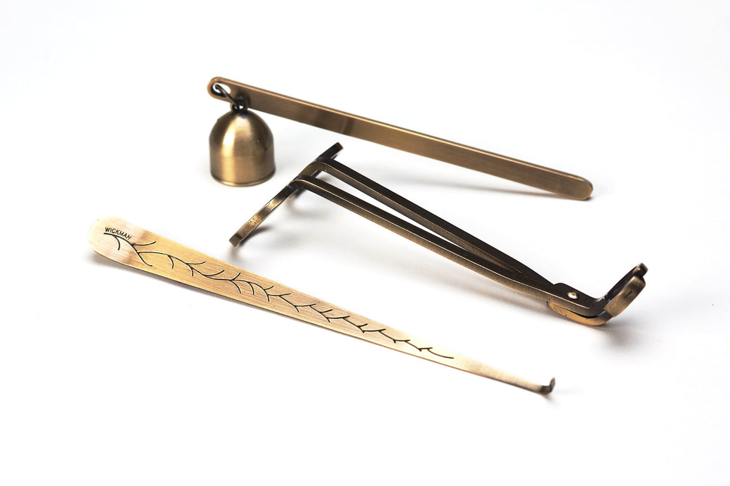 Wickman Wick Trimmer Wick Dipper and Bell Snuffer Antique Brass Gift Set